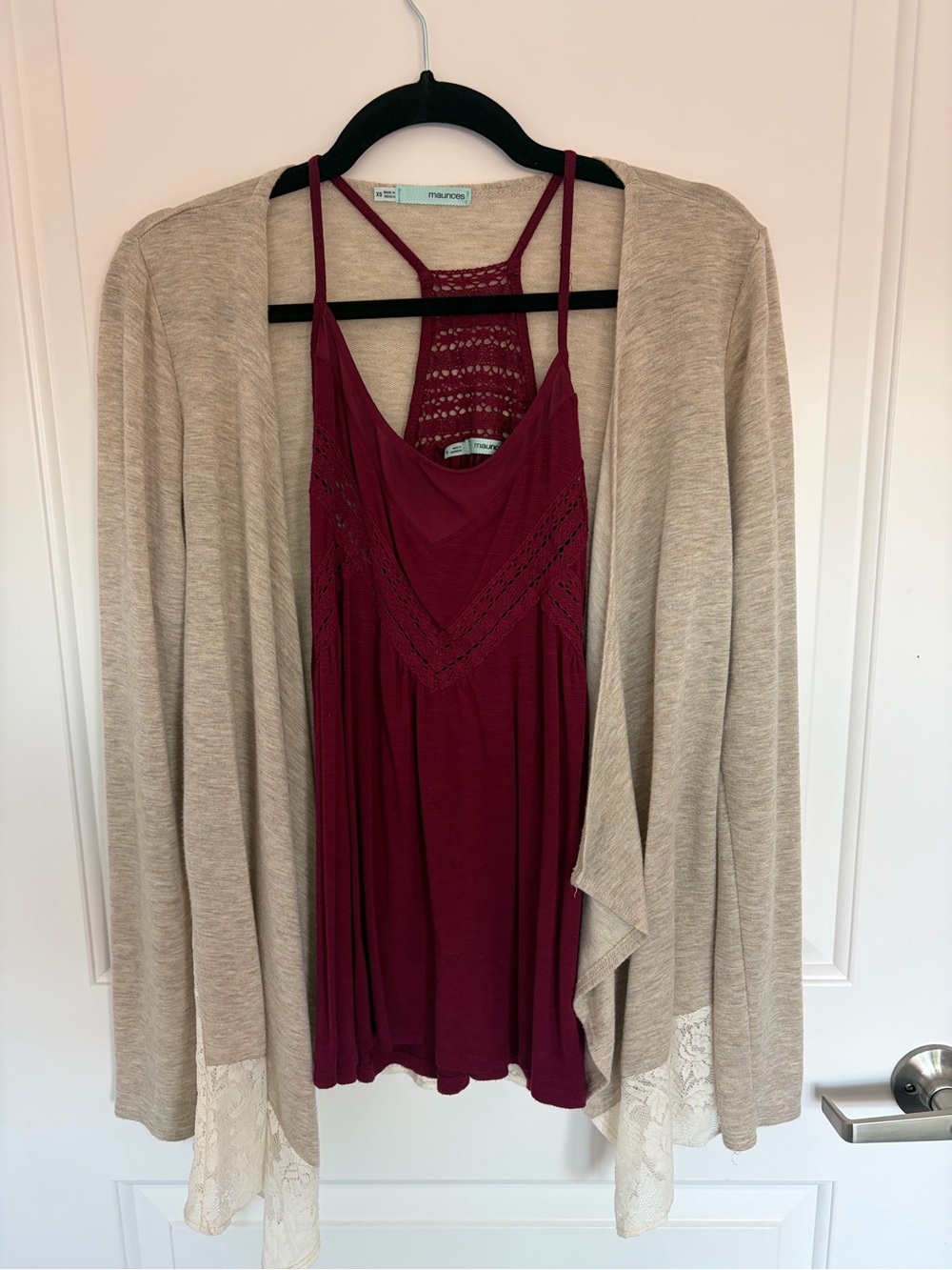 Maurices Wine Crochet Tank with Beige Lace-Trim Cardigan Bundle